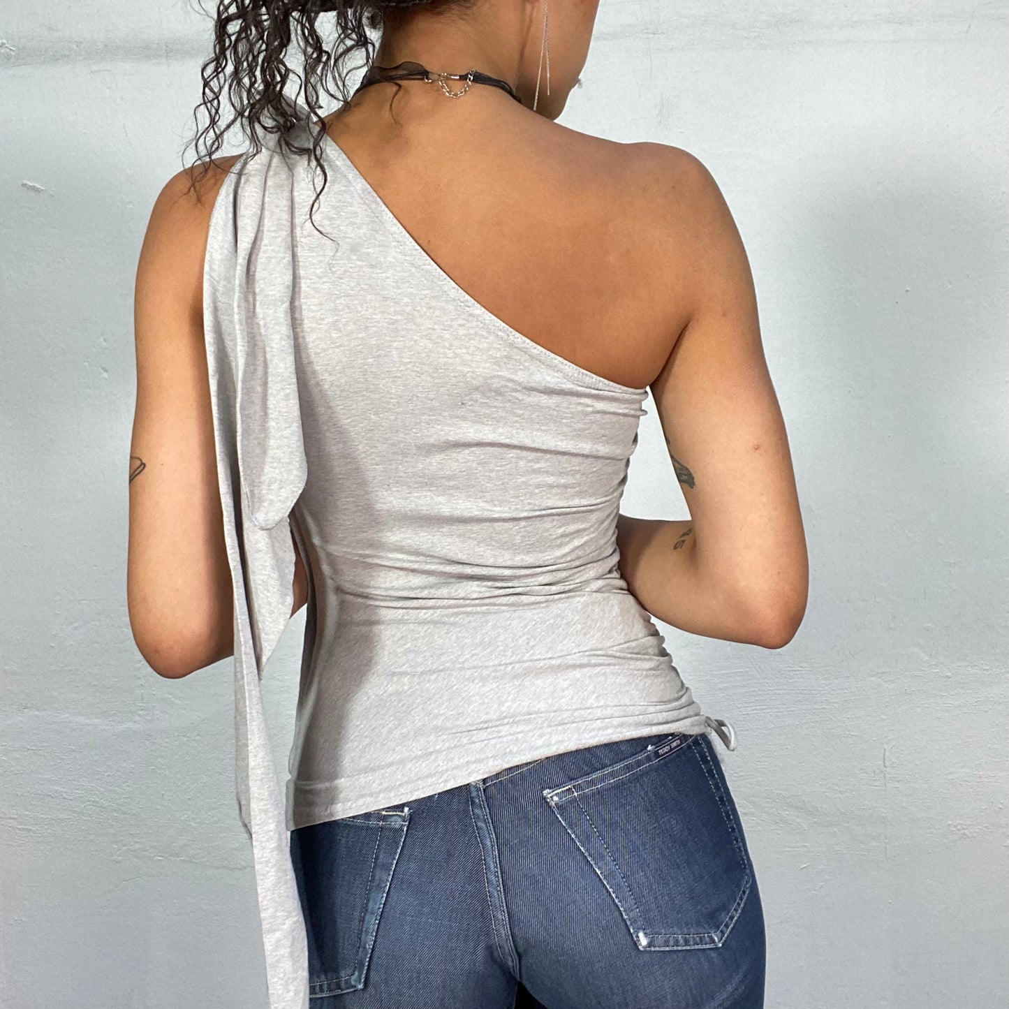 Vintage 90's Model Off Duty Grey One Shoulder Top with Tie Detail (S)