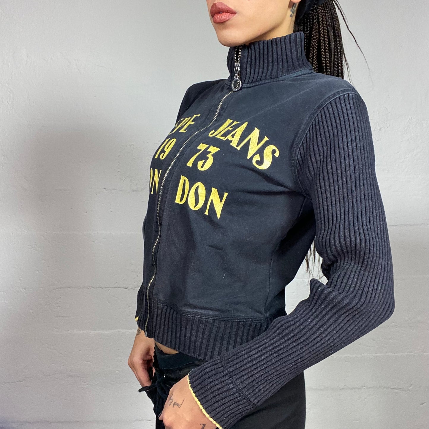 Vintage 2000's Pepe Jeans Downtown Girl Black Zip-Up Hoodie with Ribbed Longlseeves and Yellow Gothic Typography Print (S/M)