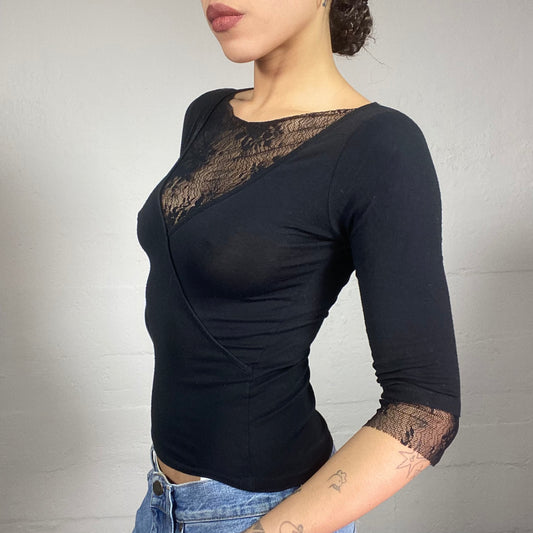 Vintage 90's Whimsgoth Black 3/4 Sleeve Top with Lace Neckline Covering Detail (S)