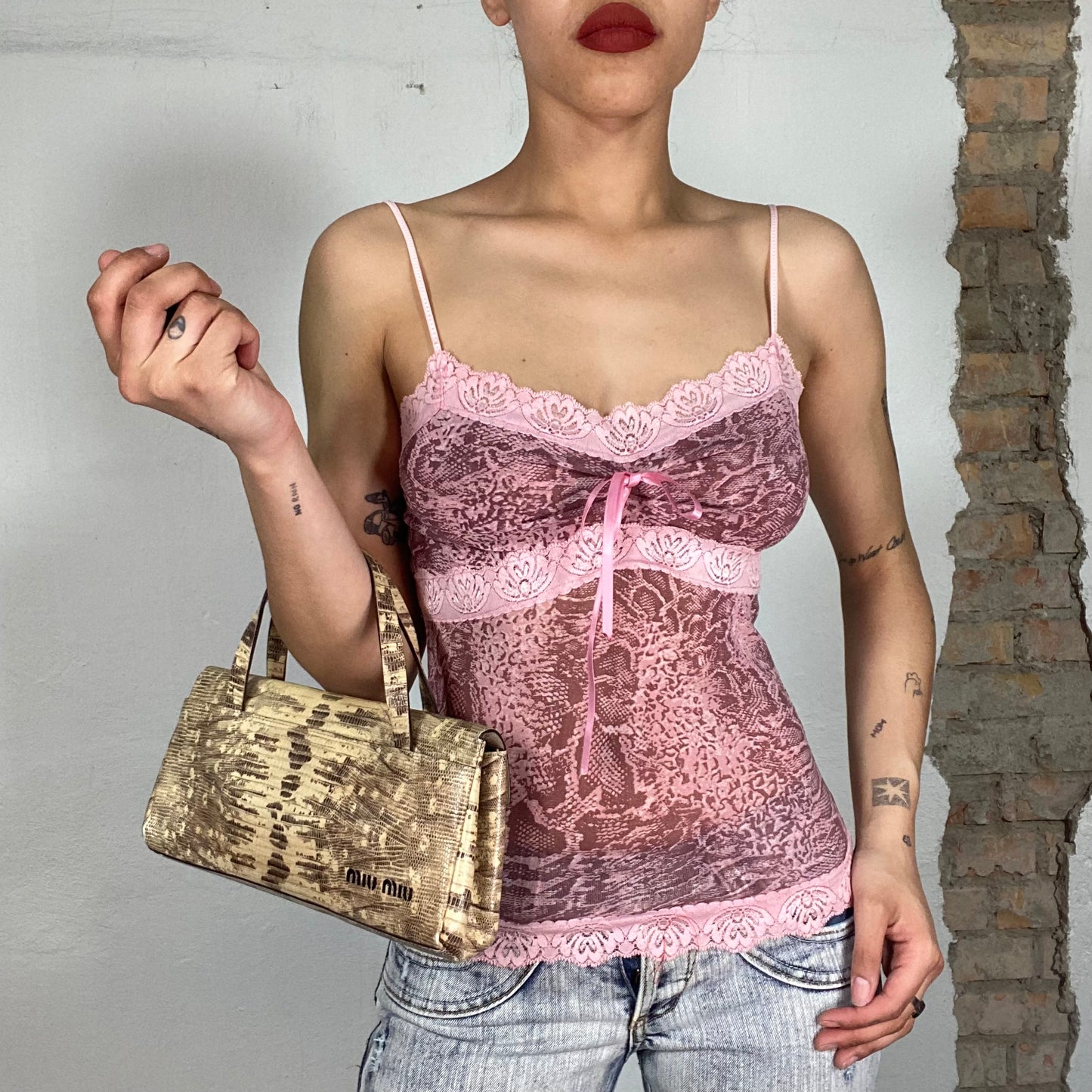 Vintage 2000's Coquette Pink Snake print Cami Top with Lace Trim (S)