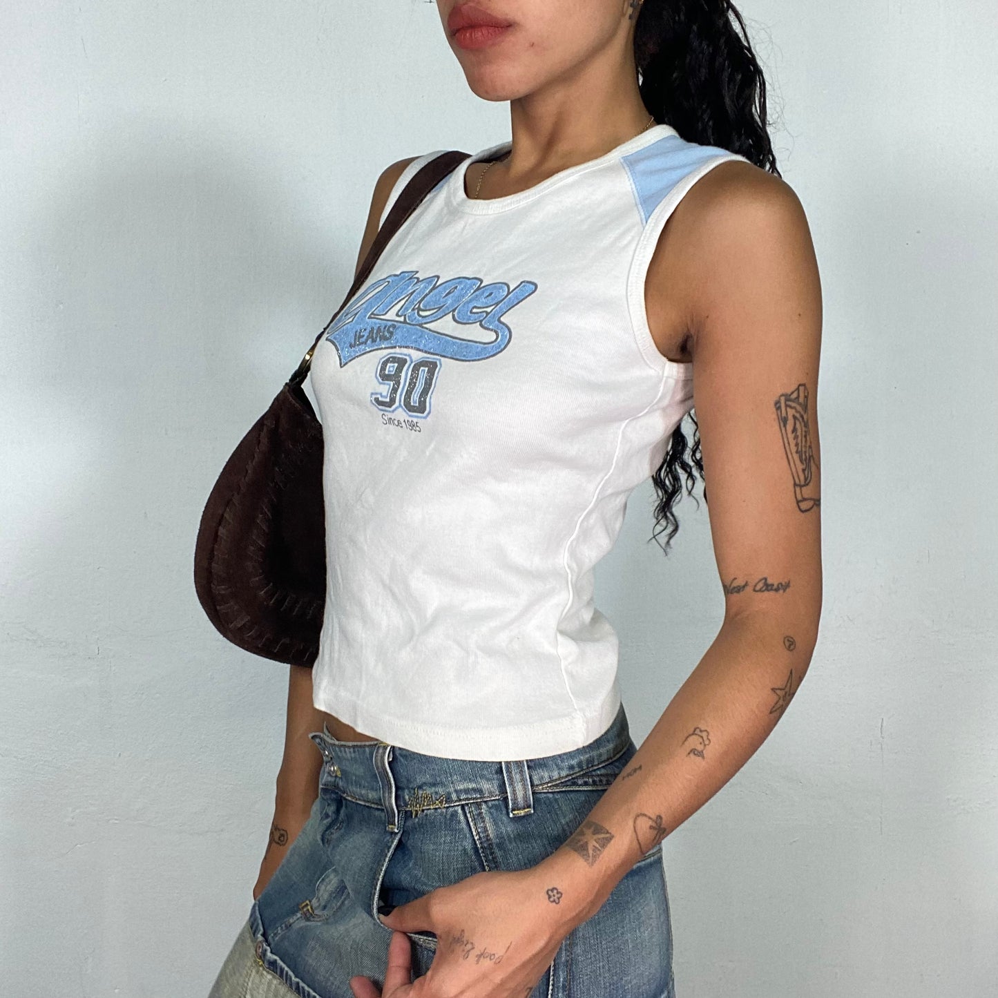 Vintage 2000's Sporty White Top with Blue "Angel 90" Print (S)