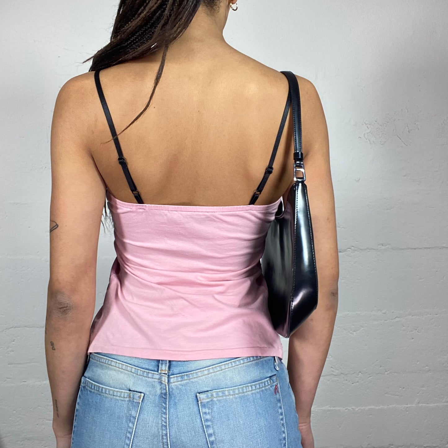 Vintage 2000's Romantic Pink Strapless Top with Black Lace & Checkered Chest Print  (S/M)