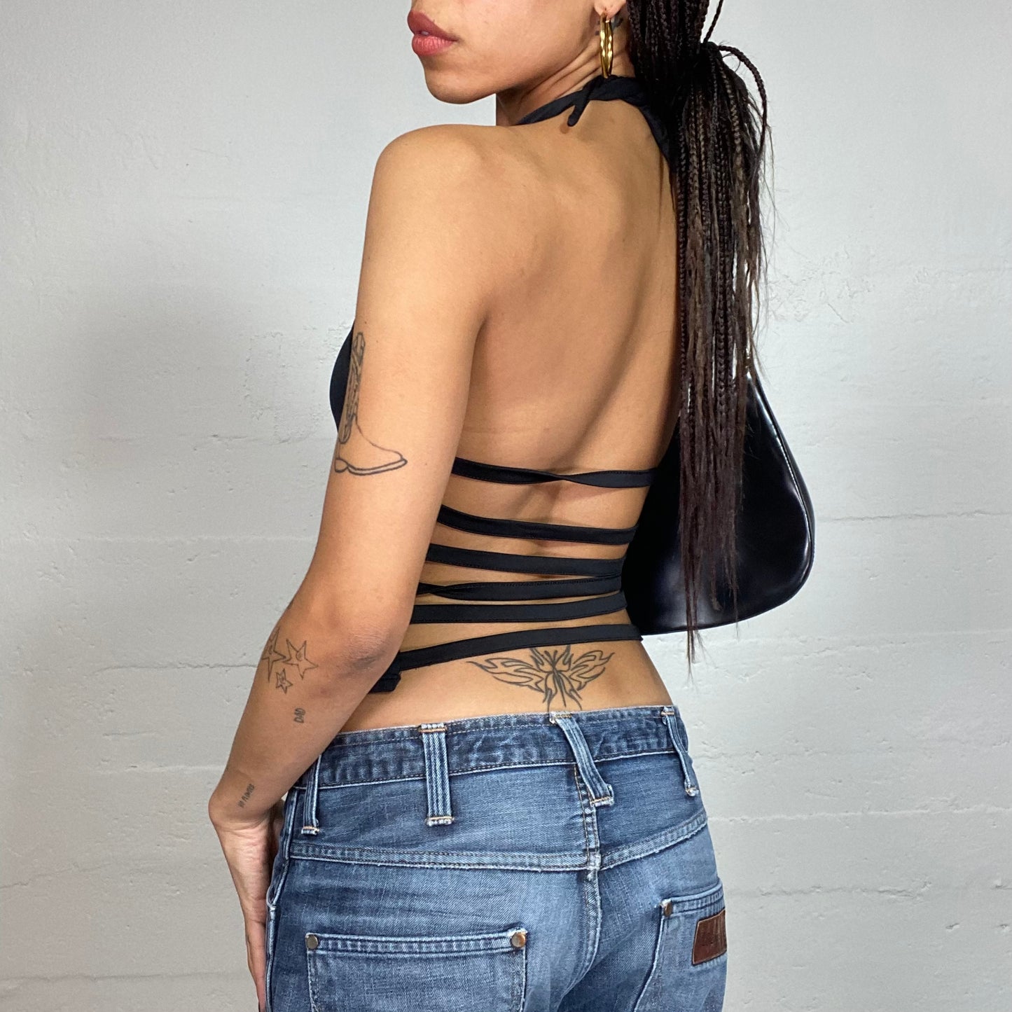 Vintage 2000's Clubwear Black Neckholder Top with Crossed Open Back Detail (S)