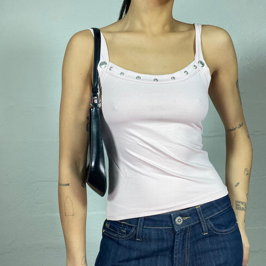 Vintage 2000's Downtown Girl Baby Pink Top with Studded Neckline Detail (M)