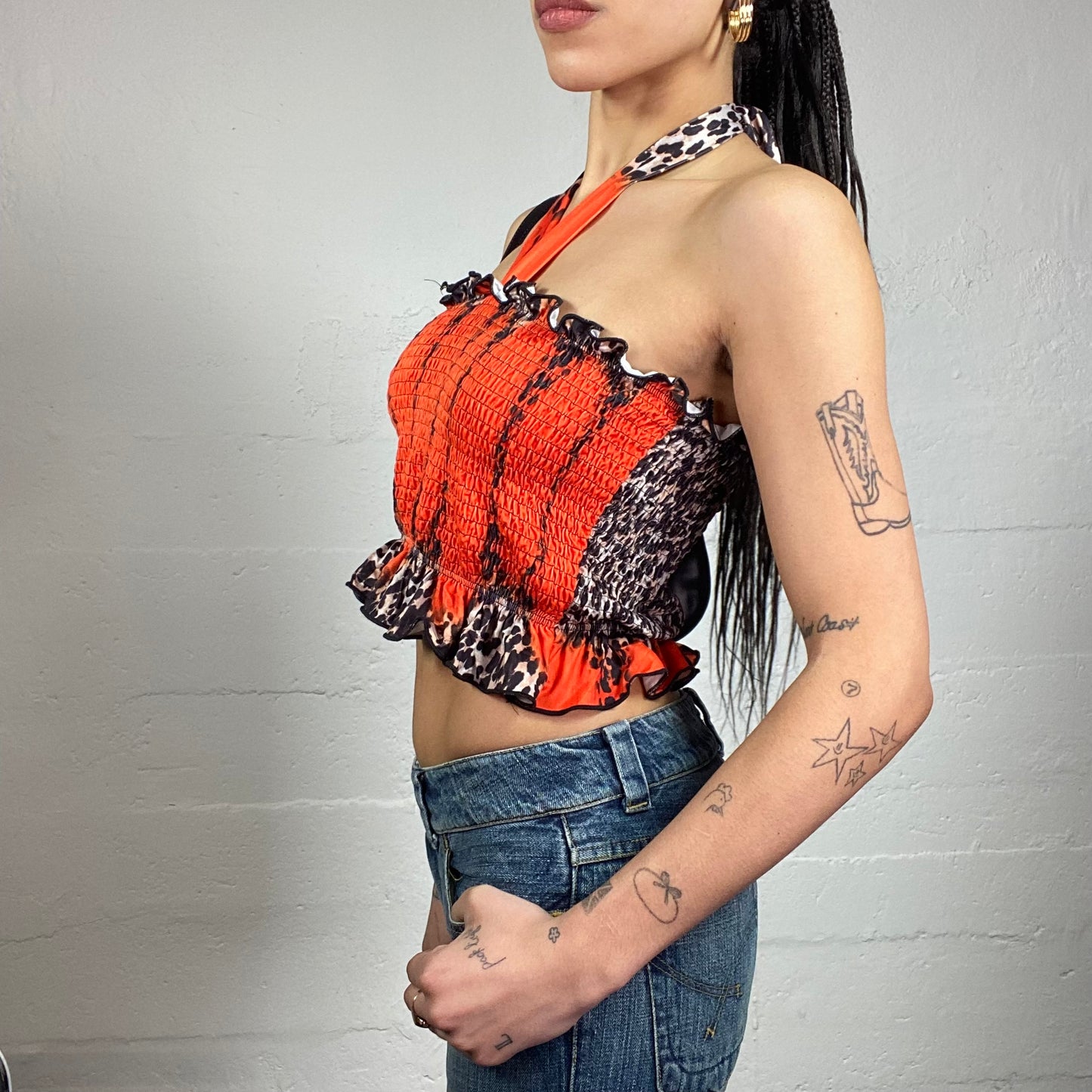 Vintage 2000's Boho Girl Brown Neckholder Top with Cheetah Print and Orange Tie Dye Print Detail (M)