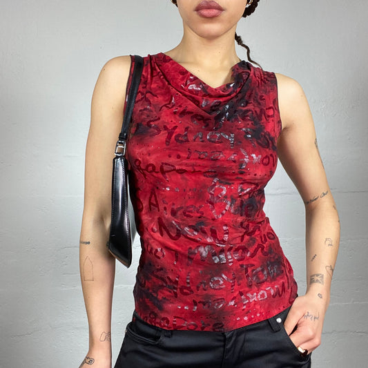 Vintage 2000's Clubwear Red Tie Dye Shirt Top with Typography Print (S)