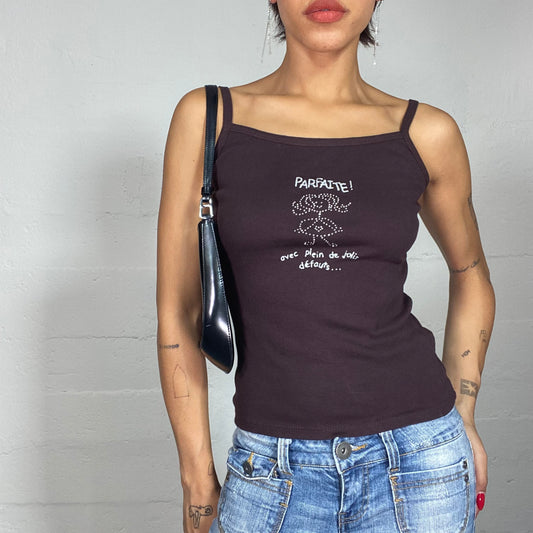 Vintage 90's Downtown Girl Chocolate Brown Tank Top with White French Print (S)