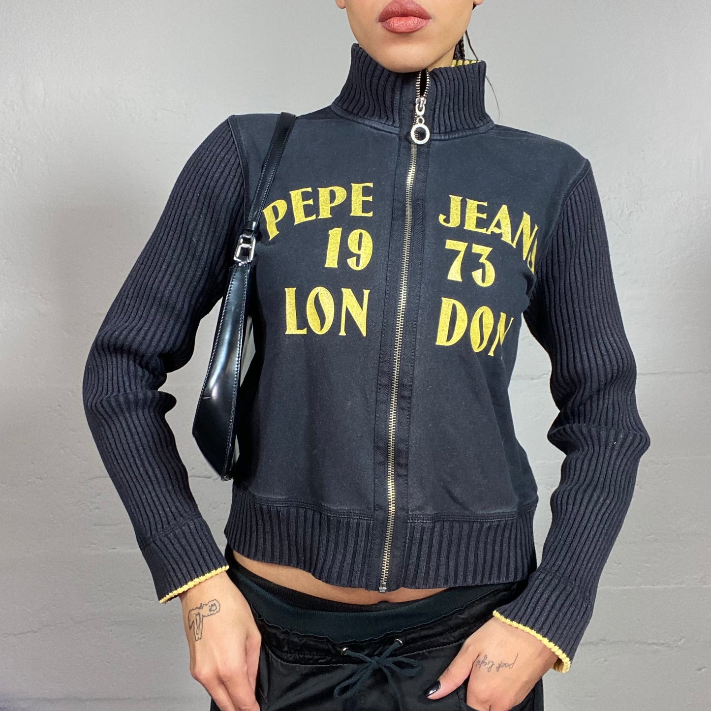 Vintage 2000's Pepe Jeans Downtown Girl Black Zip-Up Hoodie with Ribbed Longlseeves and Yellow Gothic Typography Print (S/M)