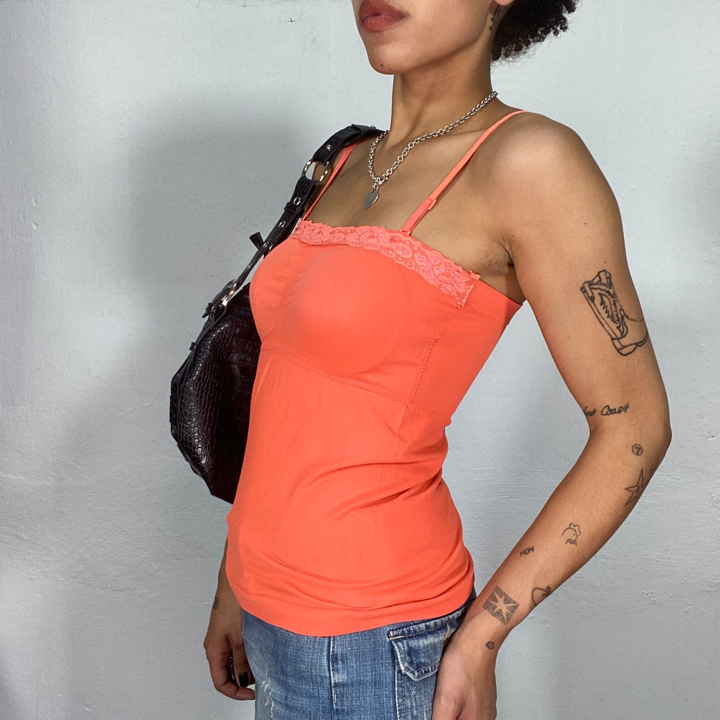 Vintage 2000's Streetstyle Orange Stretchy Cami Top with Lace Trim (S)