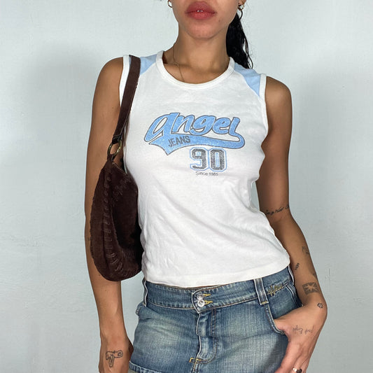 Vintage 2000's Sporty White Top with Blue "Angel 90" Print (S)