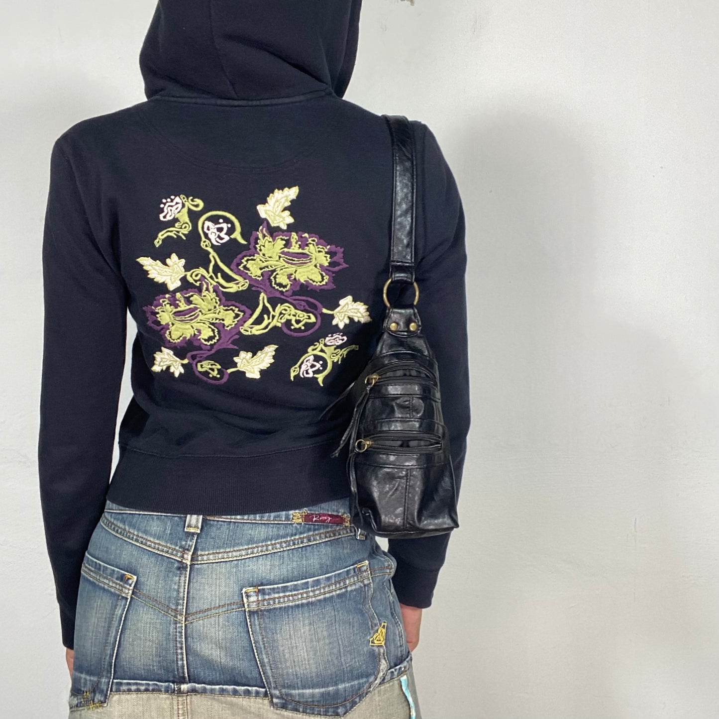 Vintage 2000's Black Zip Up Sweater with Embroidery and Studs (S/M)