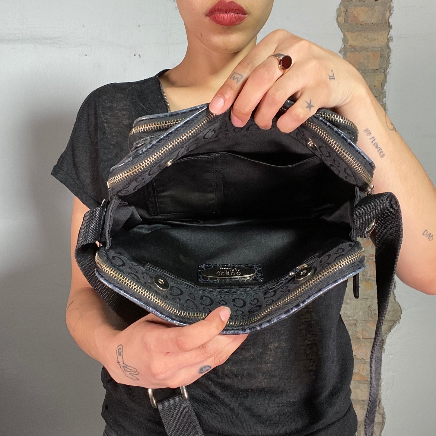 Vintage 2000's Guess Black Crossbody Bag with Monogram Print and Leather Piping