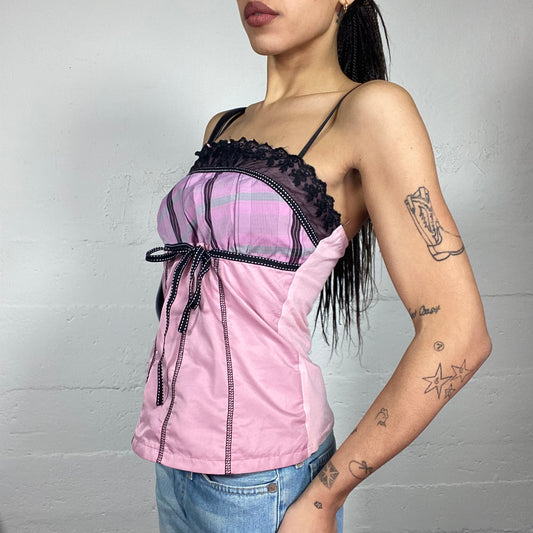 Vintage 2000's Romantic Pink Strapless Top with Black Lace & Checkered Chest Print  (S/M)