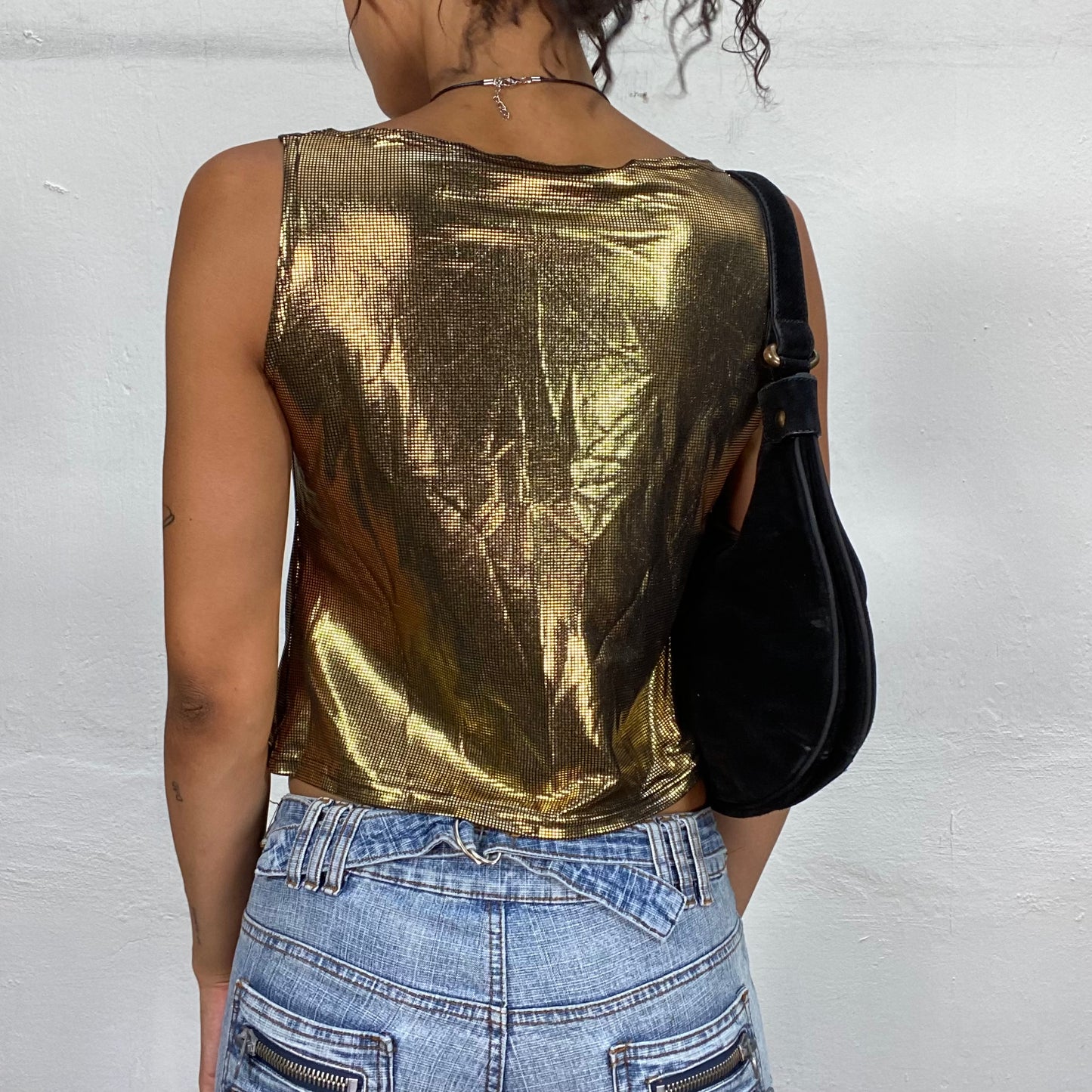 Vintage 2000's Clubwear Gold Shiny Top with Draped Neck Detail (S/M)