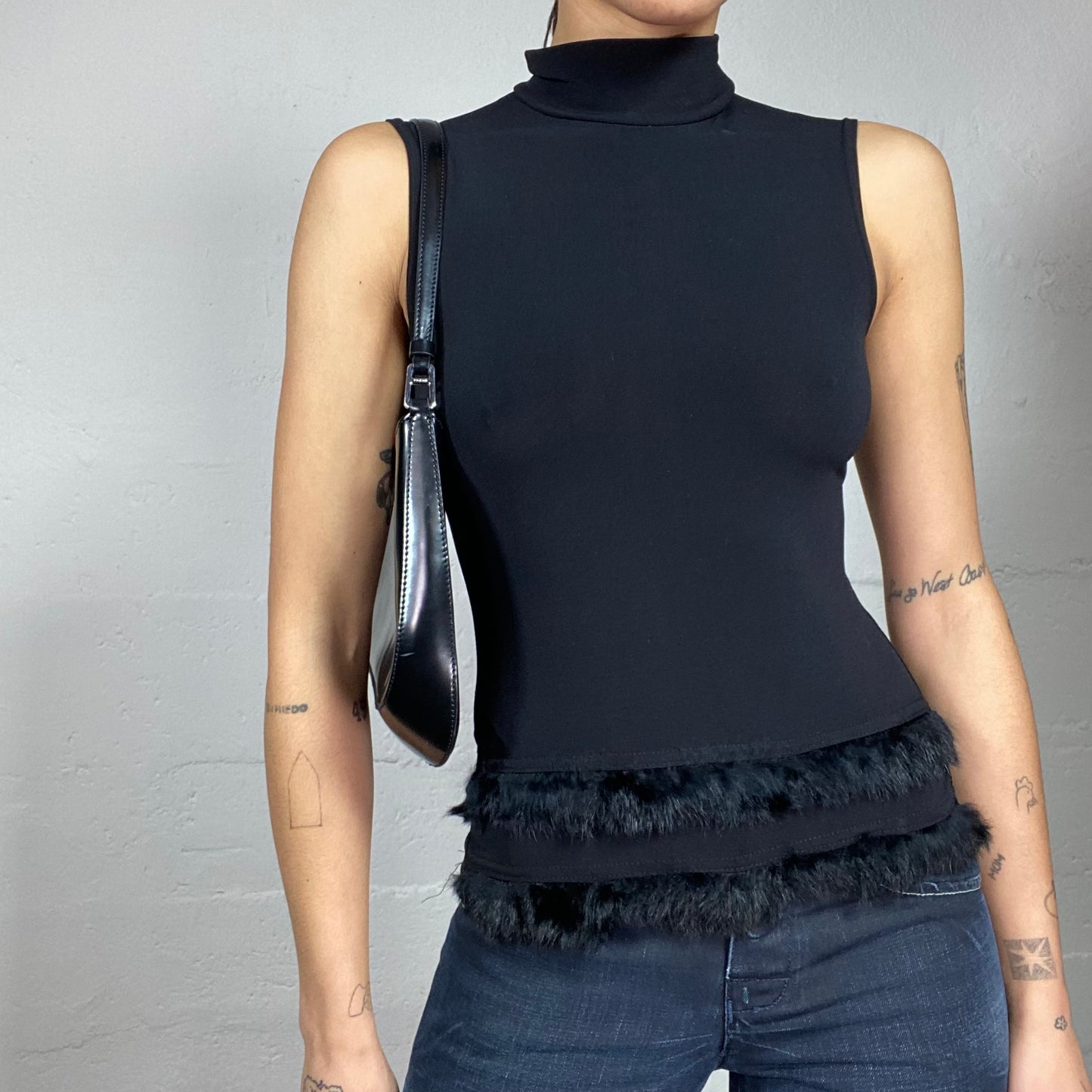 Vintage 90's Downtown Girl Black Highneck Top with Fringes (S)