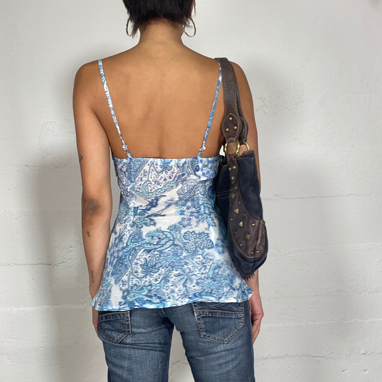 Vintage 2000's Soft Girl White Layered Blouse with Blue Paisley Print (S)