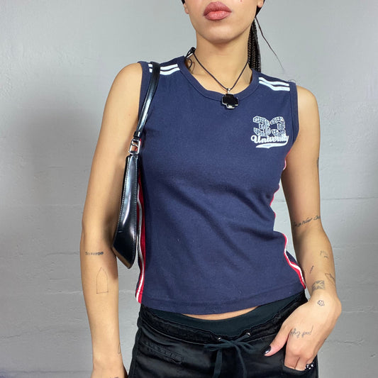 Vintage 2000's College Girl Navy Blue Top with Red Trim Detail and „33 University“ Print (S)