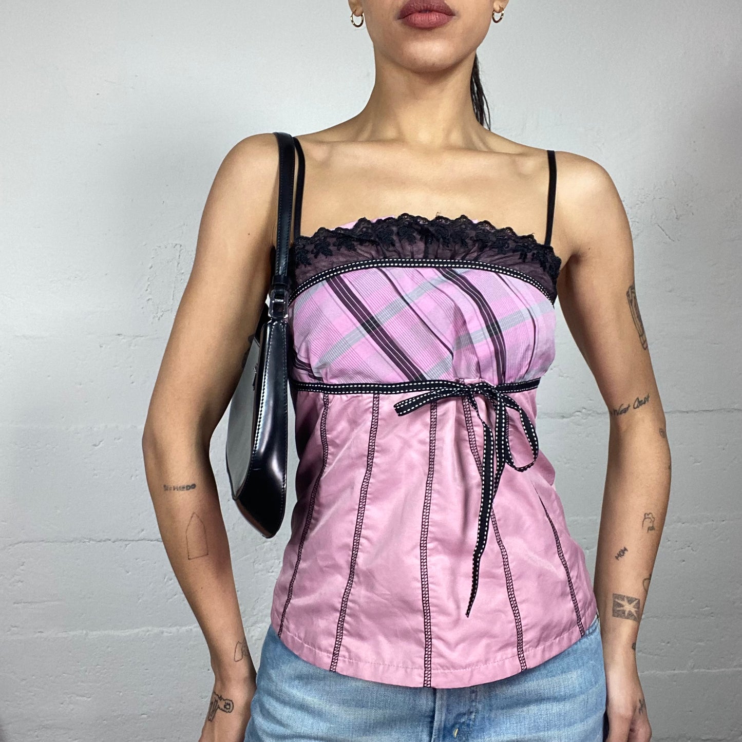 Vintage 2000's Romantic Pink Strapless Top with Black Lace & Checkered Chest Print  (S/M)