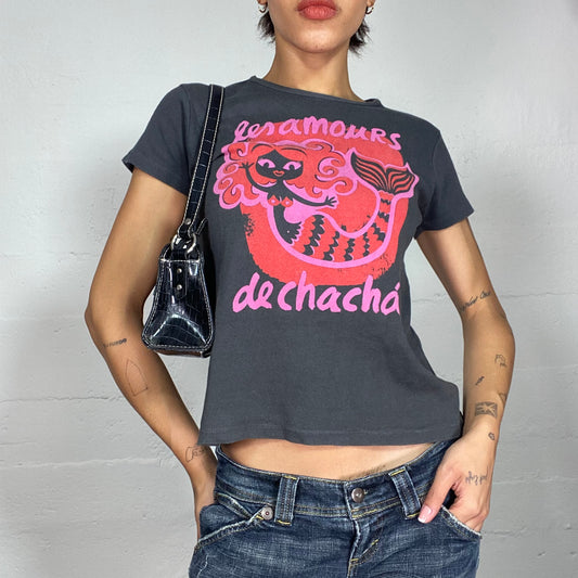 Vintage 2000's Downtown Girl Grey Top with Pink "Les Amours the Chachá" Siren Print (S/M)
