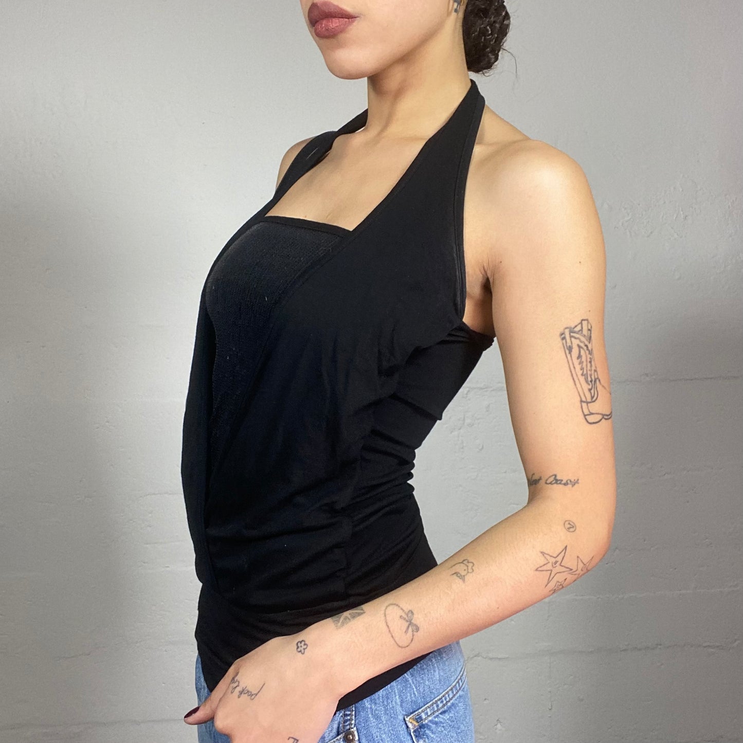 Vintage 2000's Clubwear Black Open Back Top with Sequins Under Top Detail (S)