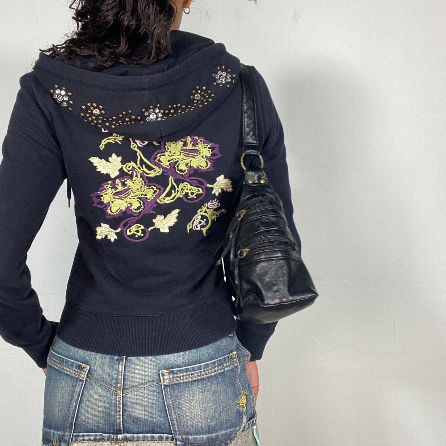 Vintage 2000's Black Zip Up Sweater with Embroidery and Studs (S/M)