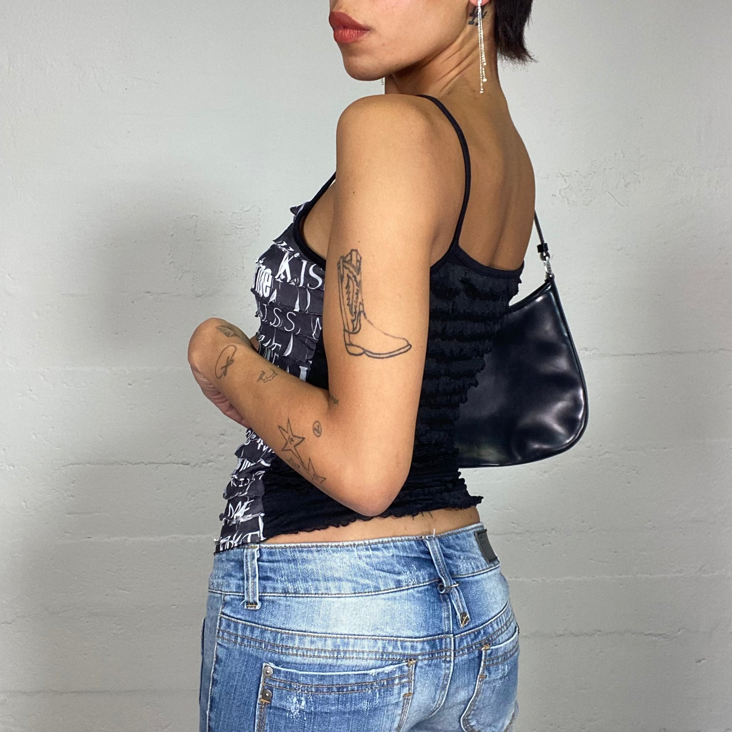 Vintage 2000's Sleaze Black Top with "Kiss Me" Red Heart Print (S)
