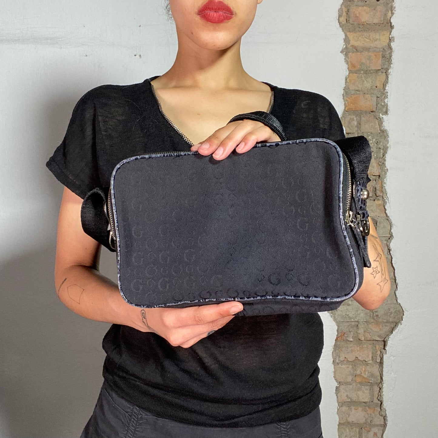 Vintage 2000's Guess Black Crossbody Bag with Monogram Print and Leather Piping