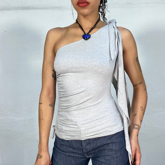 Vintage 90's Model Off Duty Grey One Shoulder Top with Tie Detail (S)