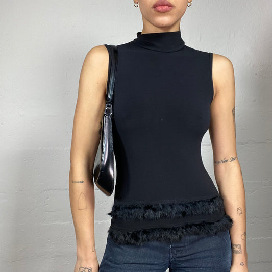 Vintage 90's Downtown Girl Black Highneck Top with Fringes (S)