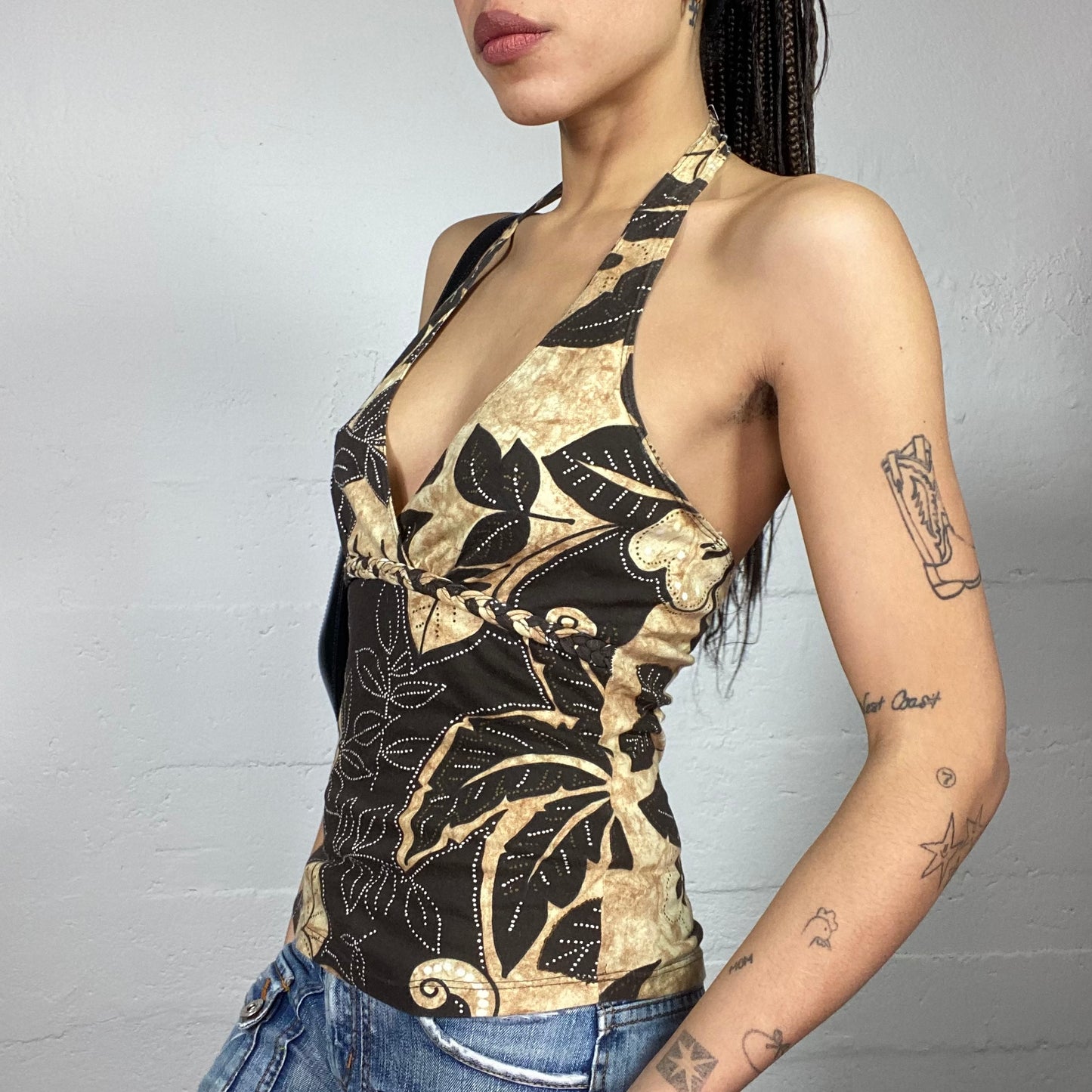Vintage 2000's Boho Brown Neckholder Top with Floral Print (S/M)