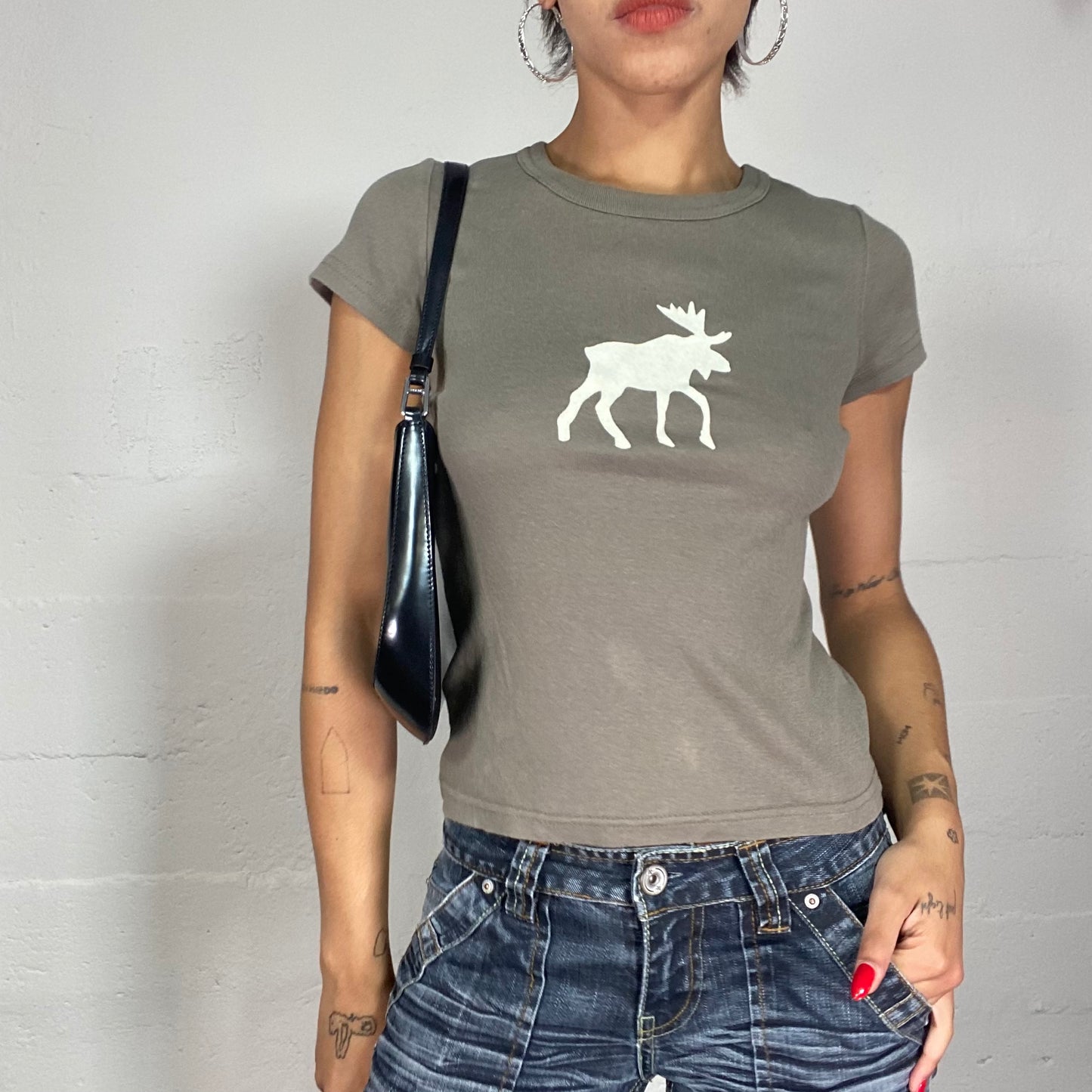 Vintage 2000's Downtown Girl Khaki Tee with White Elk Silhouette Print (S)