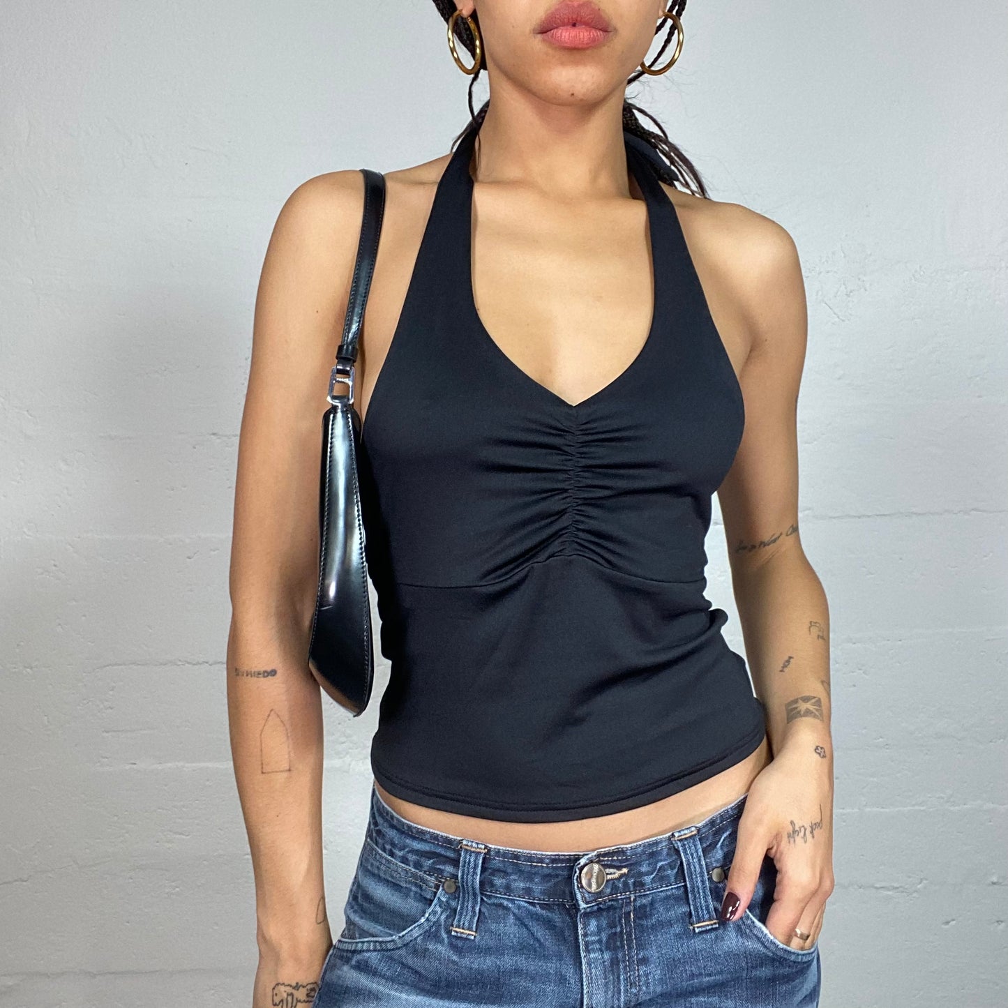 Vintage 2000's Clubwear Black Neckholder Top with Crossed Open Back Detail (S)