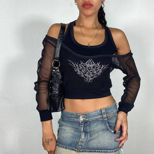 Vintage 2000's Rave Black Layered Top with Fishnet Longsleeves and Tribal Print (S)