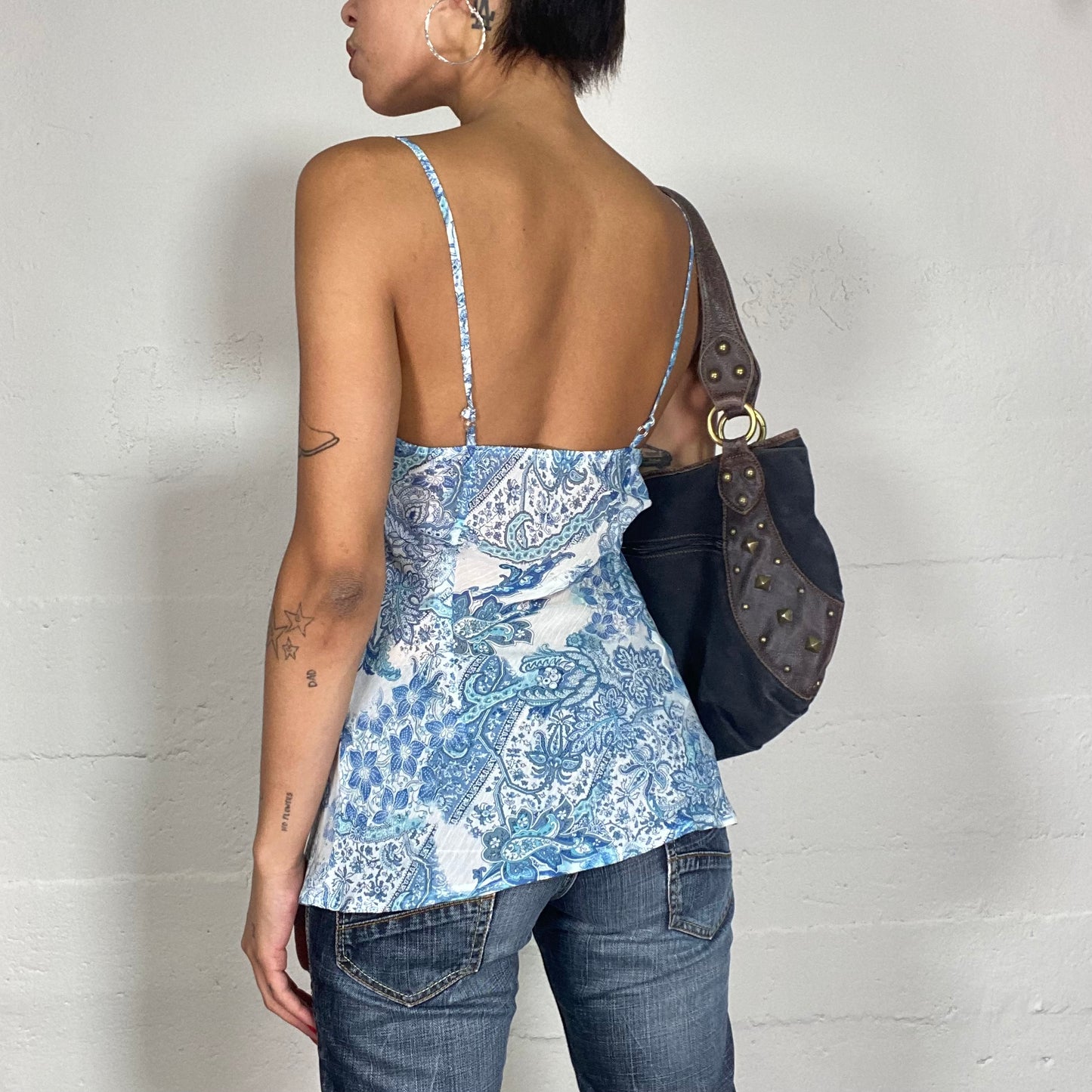 Vintage 2000's Soft Girl White Layered Blouse with Blue Paisley Print (S)