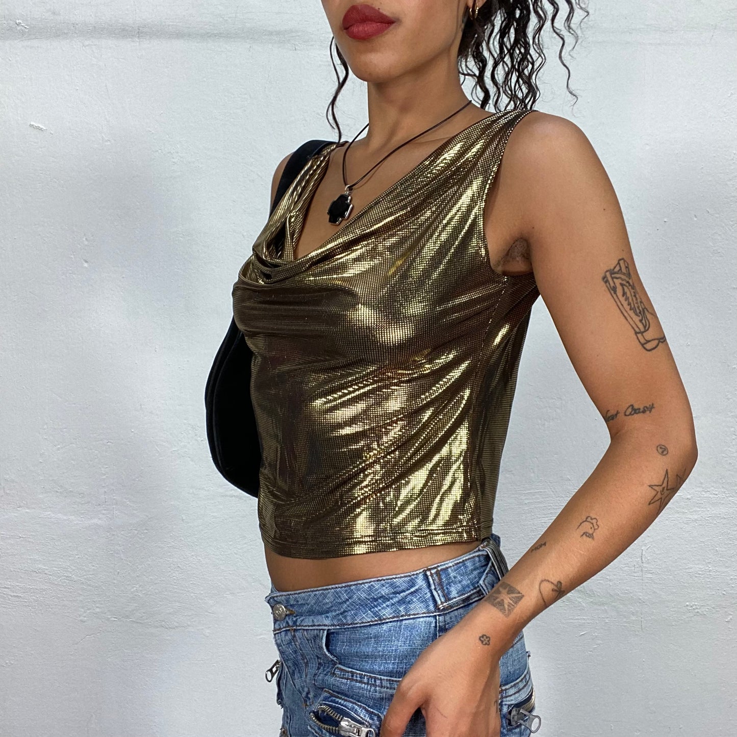 Vintage 2000's Clubwear Gold Shiny Top with Draped Neck Detail (S/M)