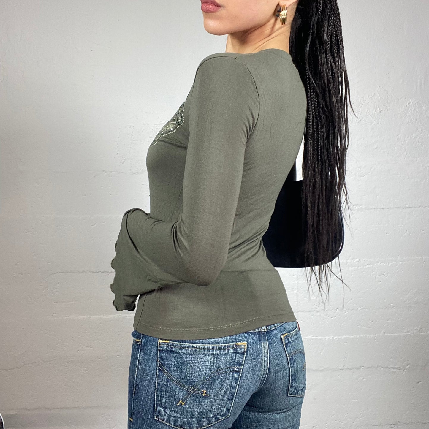 Vintage 2000's Boho Girl Khaki Longsleeve Top with Paisley Embroidery Detail (M)