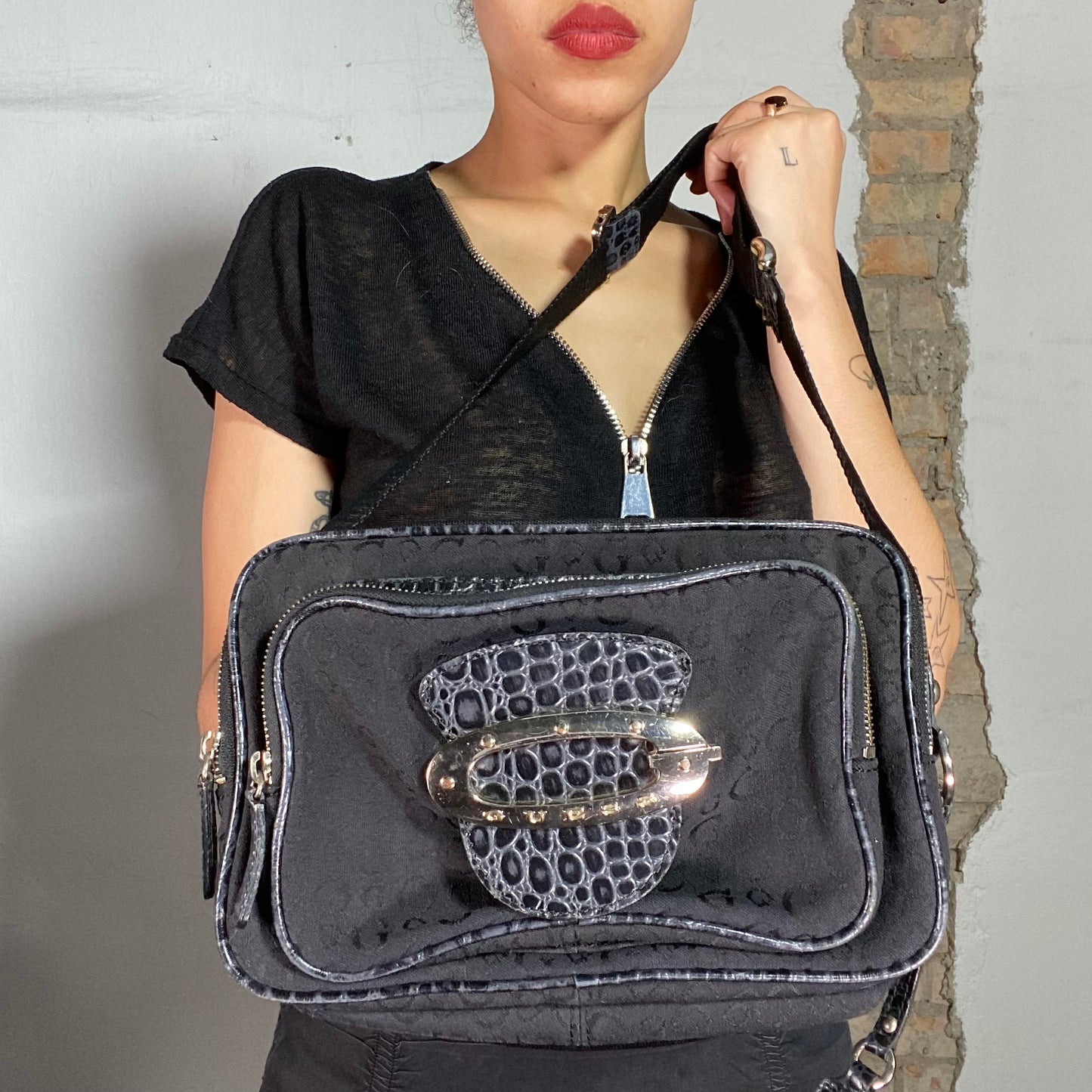 Vintage 2000's Guess Black Crossbody Bag with Monogram Print and Leather Piping