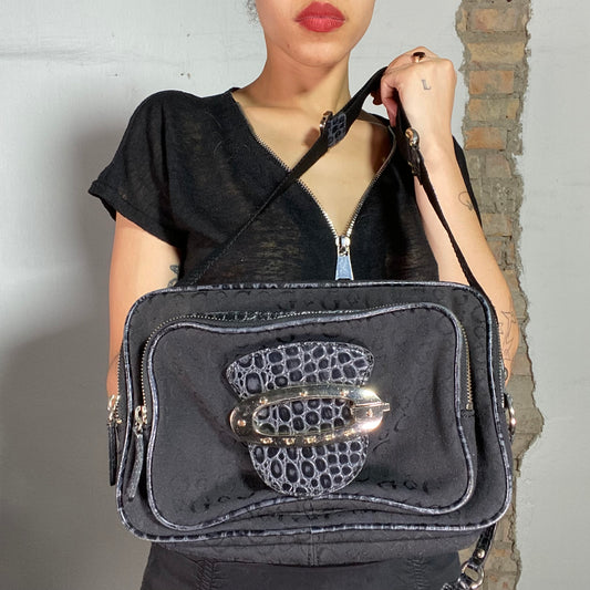 Vintage 2000's Guess Black Crossbody Bag with Monogram Print and Leather Piping