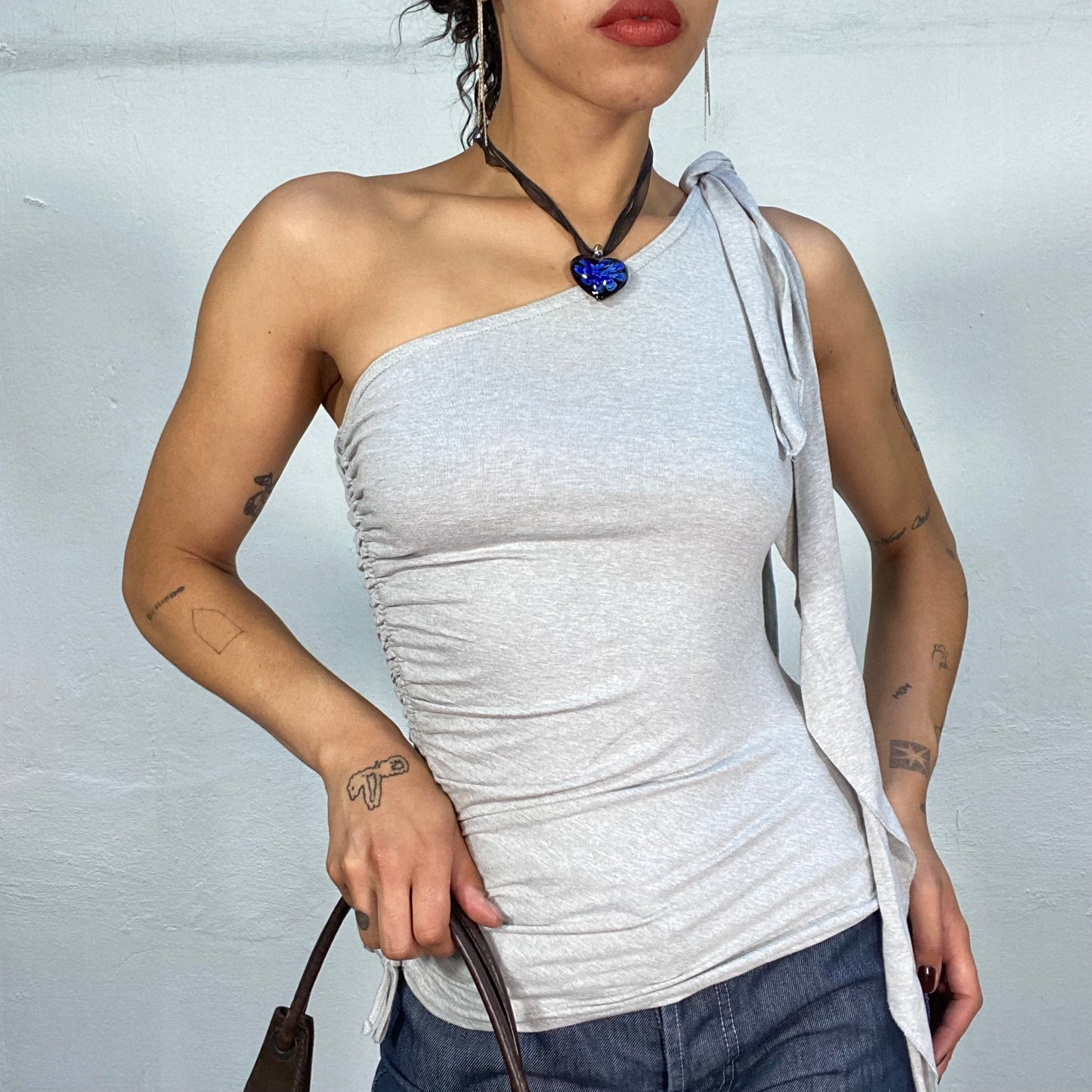 Vintage 90's Model Off Duty Grey One Shoulder Top with Tie Detail (S)