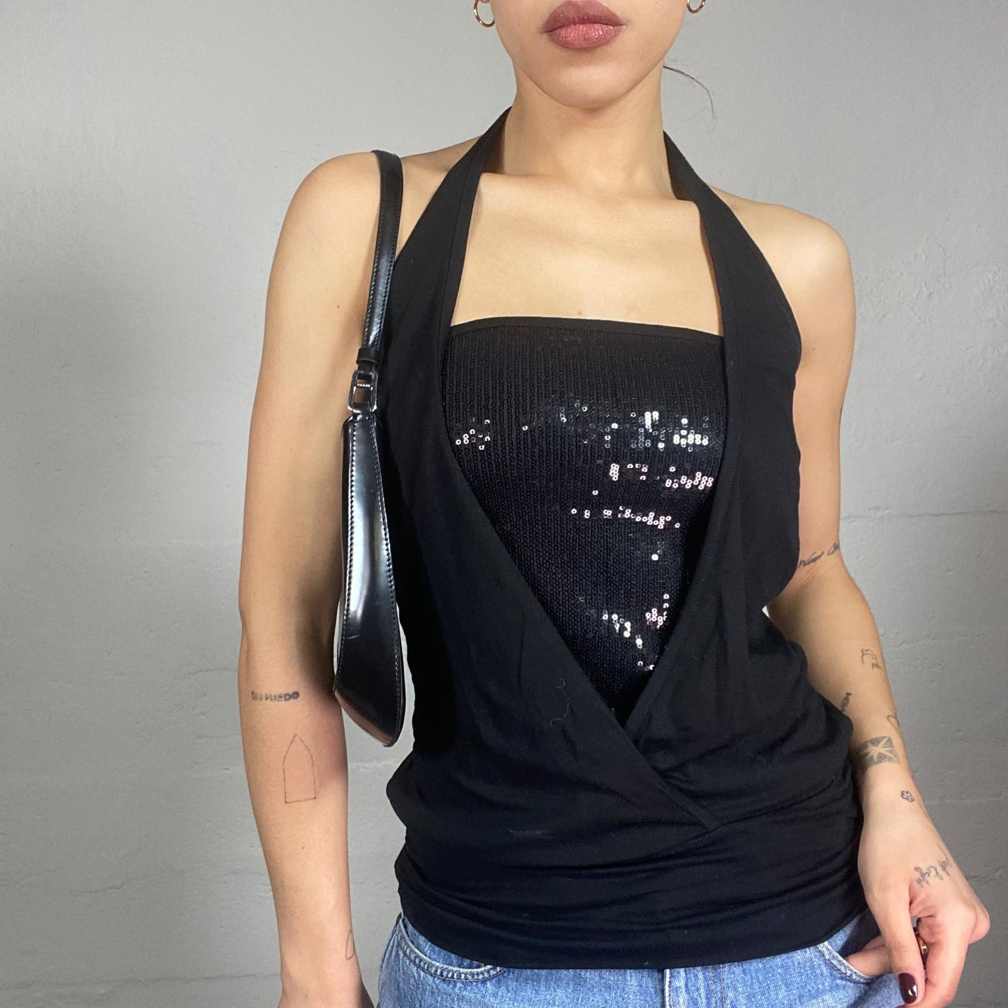 Vintage 2000's Clubwear Black Open Back Top with Sequins Under Top Detail (S)
