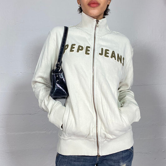 Vintage 2000's Pepe Jeans Sporty Off White Zip Up Sweater with Khaki Brand Print (S)