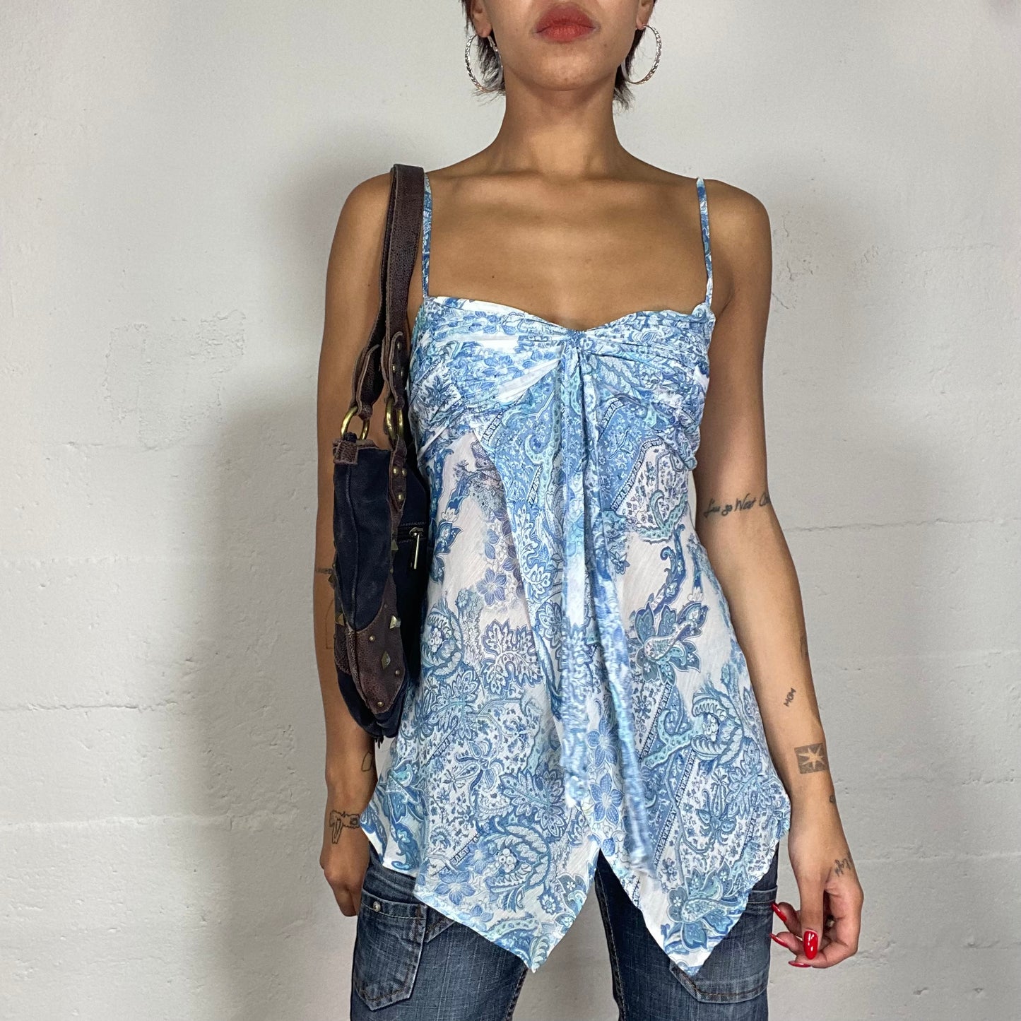 Vintage 2000's Soft Girl White Layered Blouse with Blue Paisley Print (S)