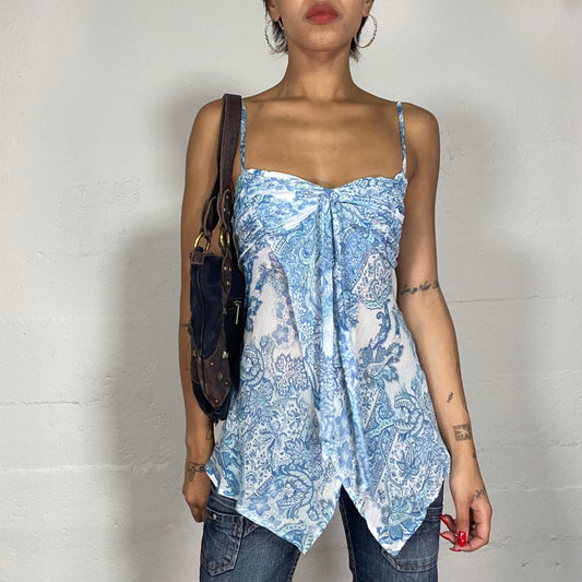 Vintage 2000's Soft Girl White Layered Blouse with Blue Paisley Print (S)