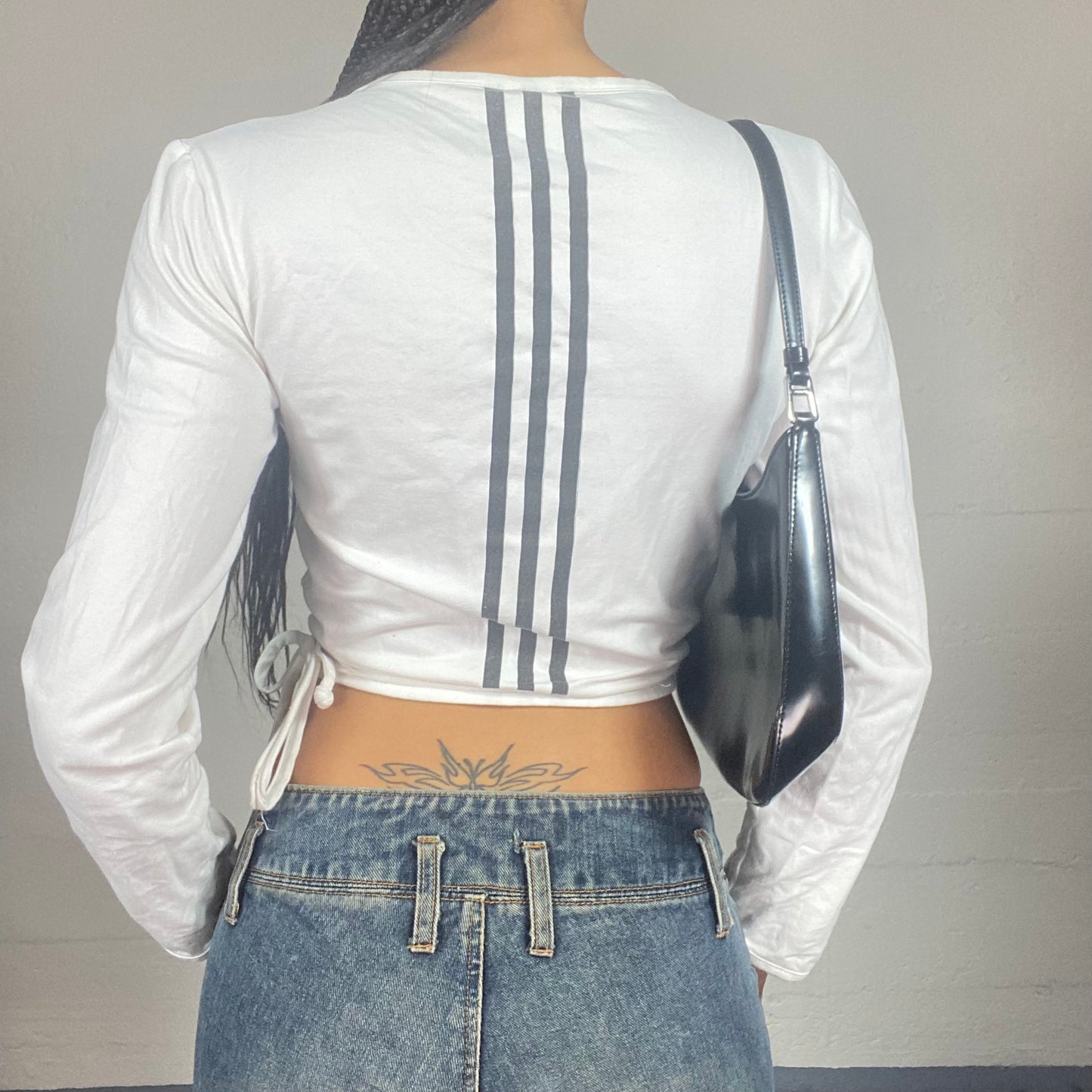 Vintage 2000's Adidas Sporty White Longsleeve Wrapped Top with Triple Black Band Back Detail (M)