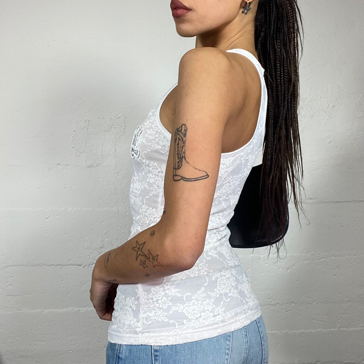 Vintage 2000's Downtown Girl White Lace Top with Patched Typography Detail (S/M)