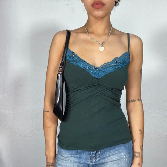 Vintage 2000's Downtown Girl Petrol Blue Cami Top with Lace Trim (S)