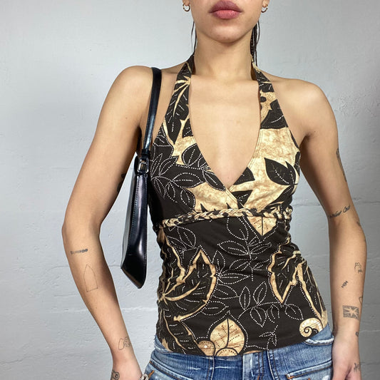 Vintage 2000's Boho Brown Neckholder Top with Floral Print (S/M)