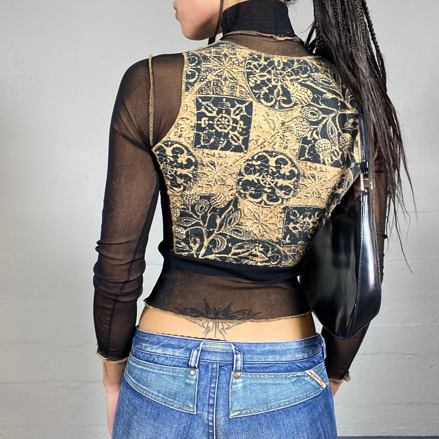 Vintage 2000's Boho Girl Black Mesh Highneck Top with Beige Ethnic Print (S)