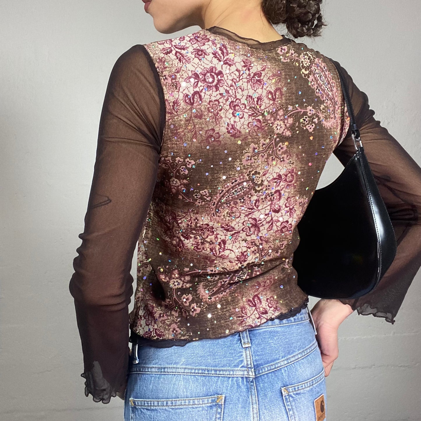 Vintage 90's Hippie Brown Longsleeve Top with Garnet Nature Print and Strass Detail (M)