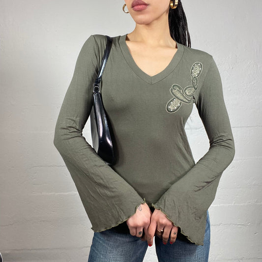 Vintage 2000's Boho Girl Khaki Longsleeve Top with Paisley Embroidery Detail (M)